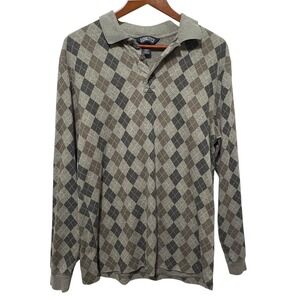 VTG Lands End Men Long Sleeve Polo M Gray Brown Argyle Pattern Cotton USA Preppy